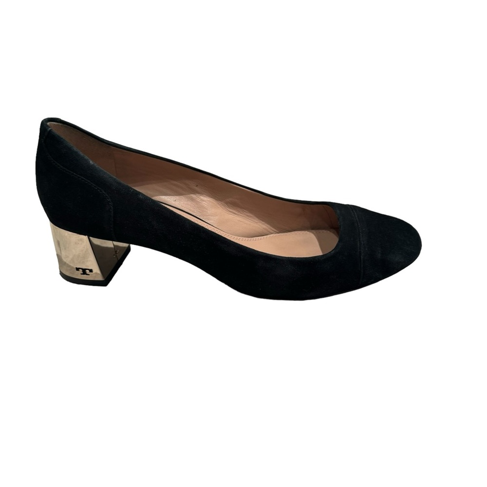 TORY BURCH Evelyn Black Suede Pumps Metallic Block Heel Gold Tone Size 8